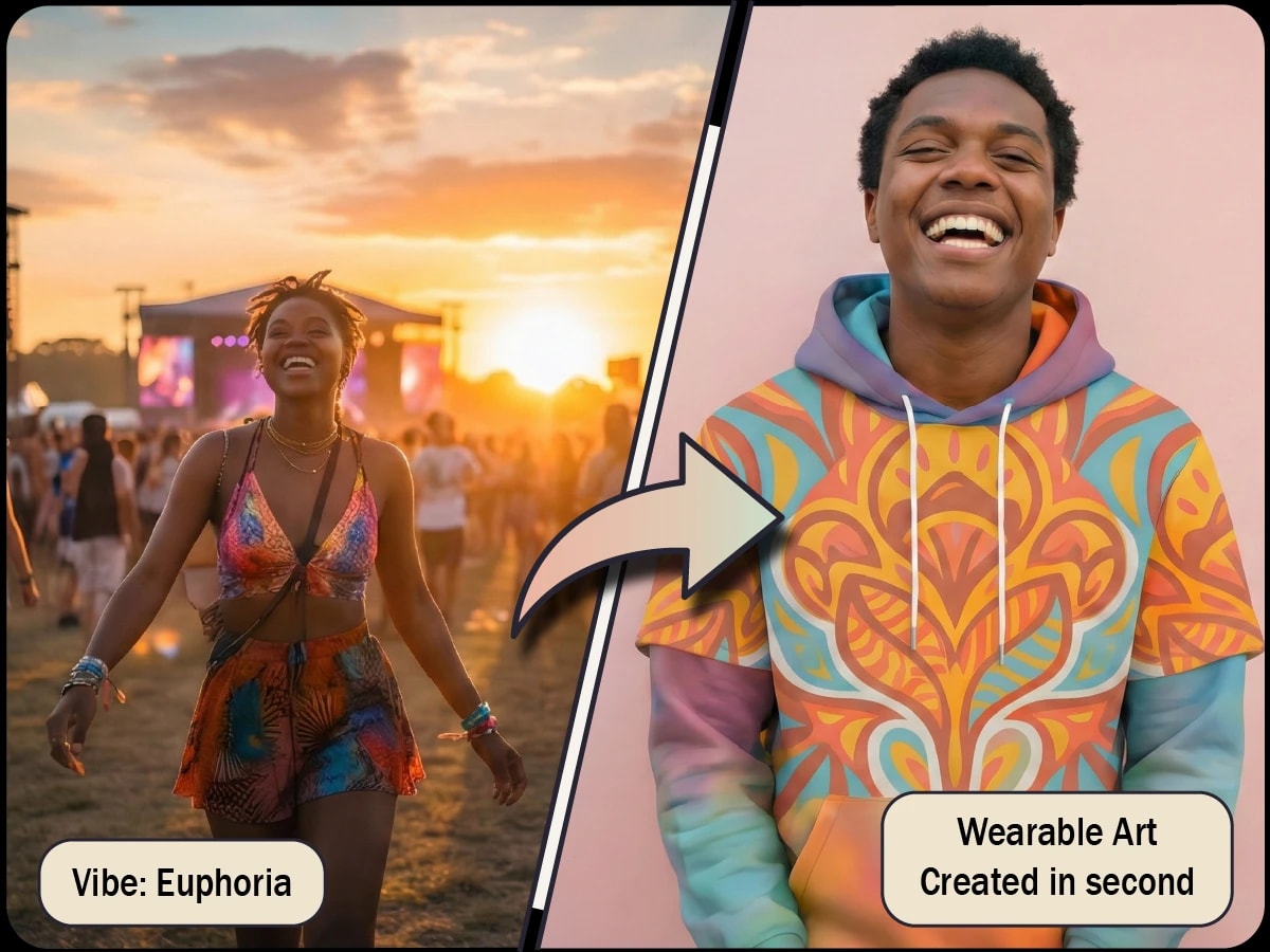 Transformation from festival vibe to wearable art - photo of person at sunset festival becoming colorful hoodie design in seconds